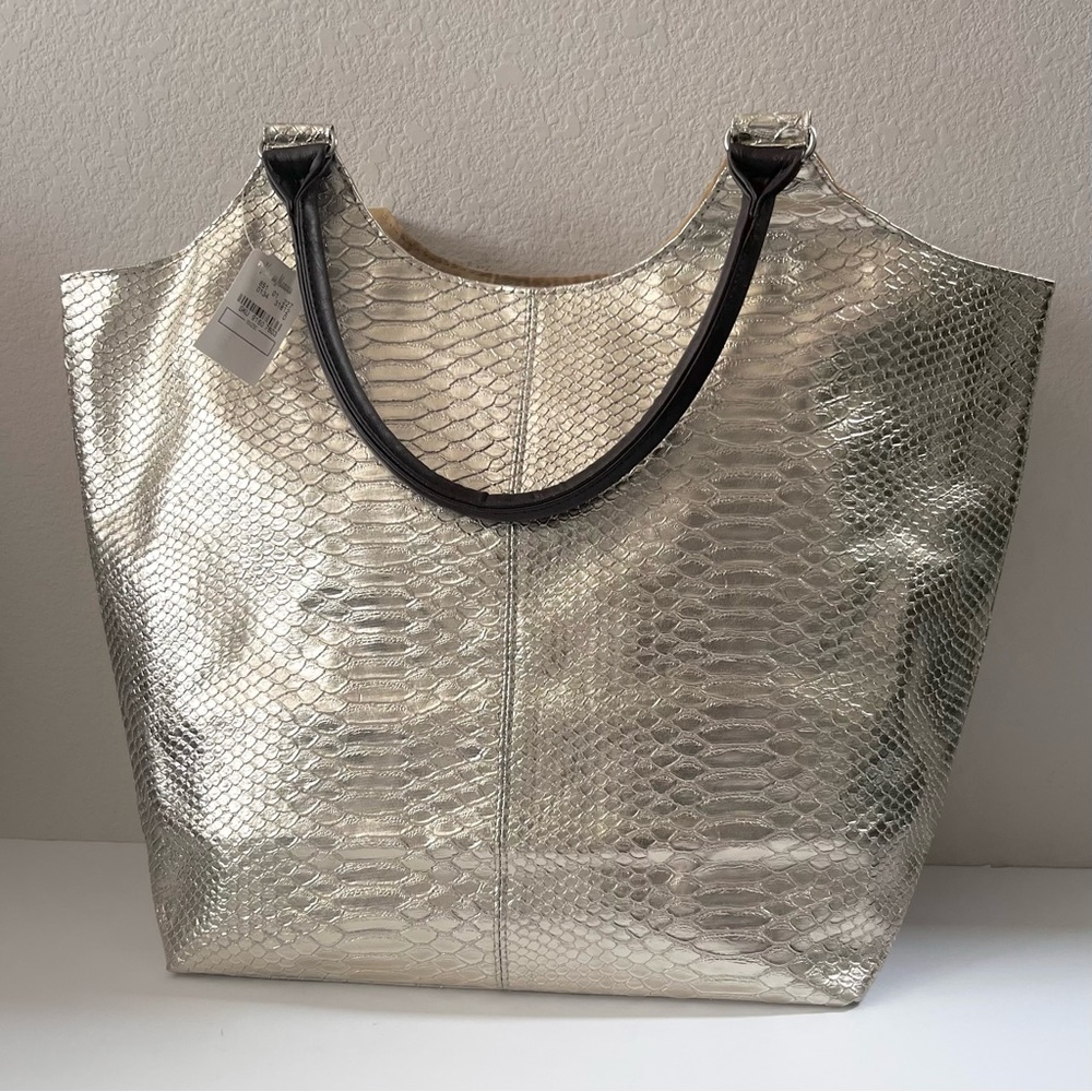Neiman Marcus XL Gold Snakeskin embossed tote bag
